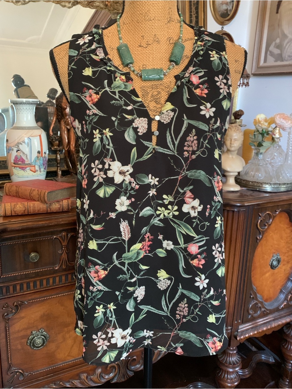 Vintage Boho Tropical Botanical Floral Print Chiffon Blend Tank Top Blouse Shirt